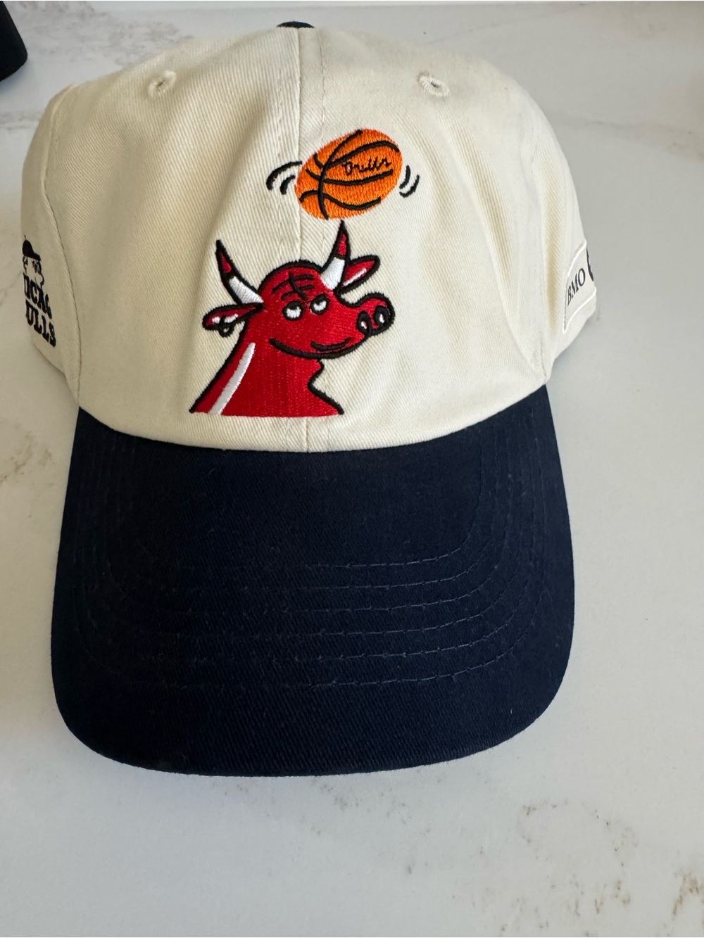 White & Navy Baseball Cap with Red Bull Basketball Embroidery